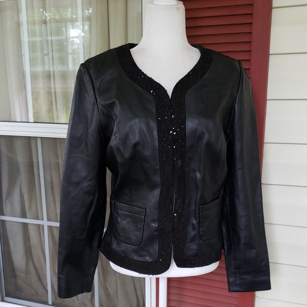 MARGARET‎ GODFREY Elegant Black 100% Leather Sequin Front Women's Jacket